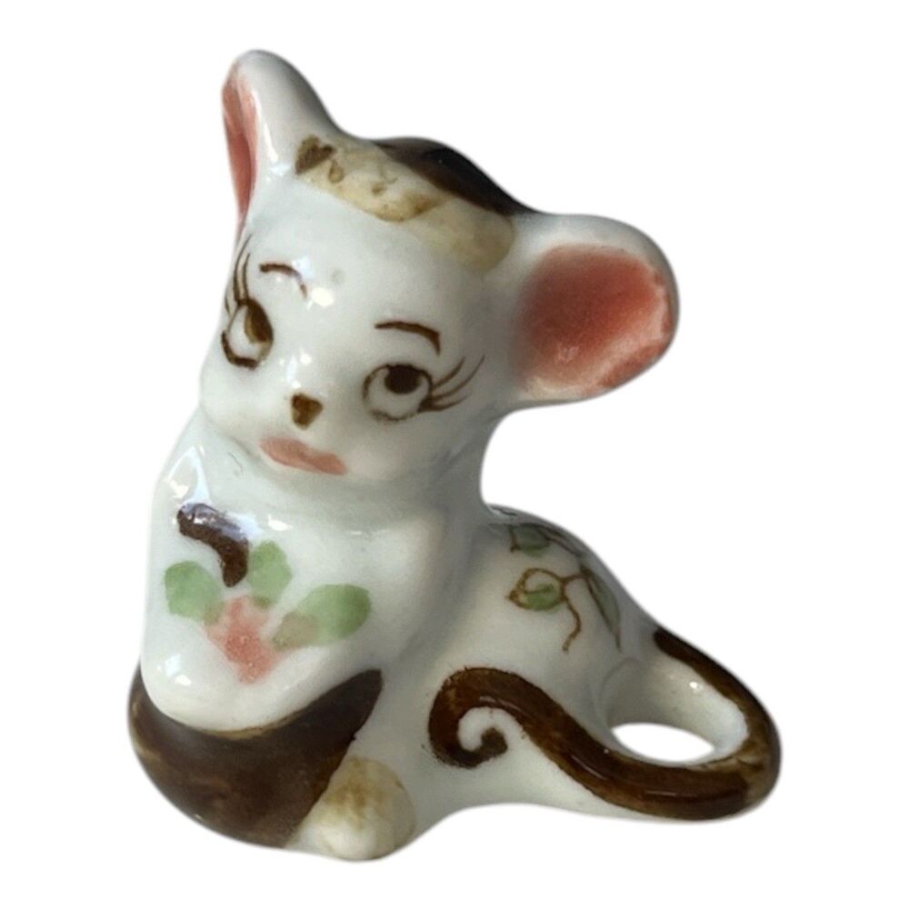 Vintage 1960s Japan Kitsch China Mouse Figurine Miniature Hand Painted 1-1/4"